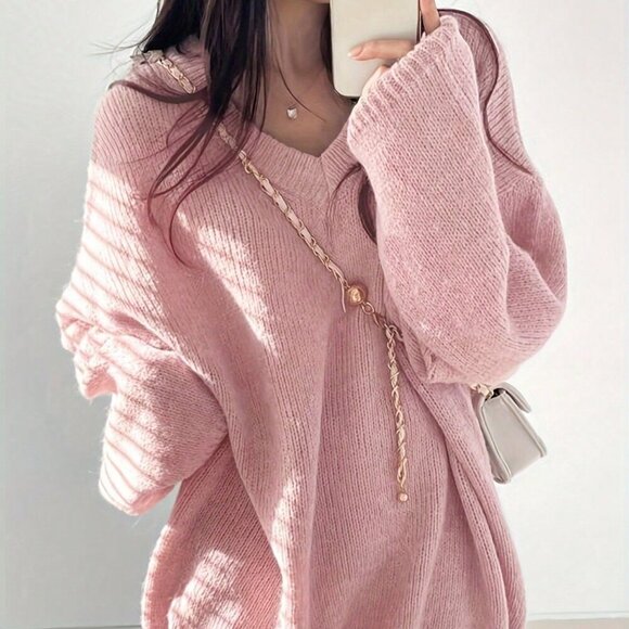 Pink Casual Women's V-Neck Loose Oversized knit Sweater - Picture 2 of 5